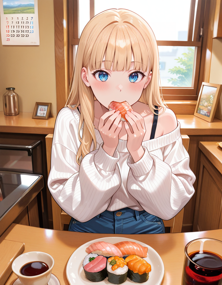 score_9, score_8_up, score_7_up, anime, solo, 1girl, one girl, 
long hair, tucked behind ear, blunt bangs, blonde Hair, blue eyes, feature large highlight, model, 
Princess, oversize white sweater, off shoulder, blue jeans, 
general,
BREAK <lora:nigirizushi:0.8>, nigirizushi, food, eating nigirizushi, eat with hand, 
indoors, chair, window, japanese restaurant, counter, showcase, omakase, sushi plate, calendar (object), cup, soy sauce, saucer,
 (masterpiece:1.3), best quality, high resolution, unity 8k wallpaper, (illustration:1.2), 8K,
