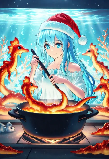 masterpiece, best quality, high quality, good quality, boy, long hair, blue eyes, blue hair, animal, Seahorses, christmas animals, cooking, underwater, glowing corals, festive ambiance, bioluminescence, holiday theme, detailed, intricate details, dynamic lighting, festive accessories, Santa hats, christmas animals, d2j3m0x
