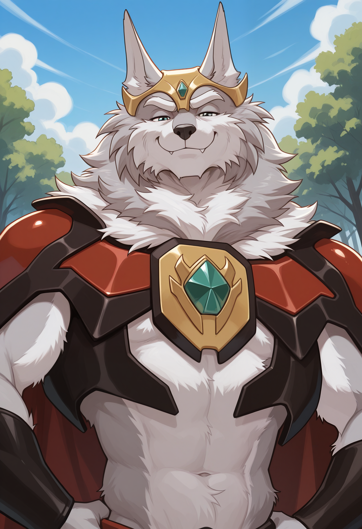 masterpiece,best quality,amazing quality, 1boy, solo, gr3yfus, furry, gold headpiece, red pauldrons, chestplate, happy, smug, outdoors,