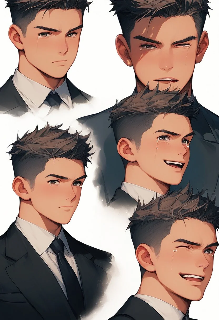 aaFLAm1n1,(B0Y1F), (various expressions sheet:1.3),(different angle:1.4),(intriguing details:1.4),score_9,score_8_up,score_7_up,1boy,"looking at viewer","grey undercut hair","deep eyes", "parted lips", "white background","black formal business suit", (front view:1.2),(lower view),(upper view), grumpy, "hunter eyes", arrogant, sad, (tears), (gazing), smirk, wink, open mouth, laugh, tongue out, teeth, moan,
