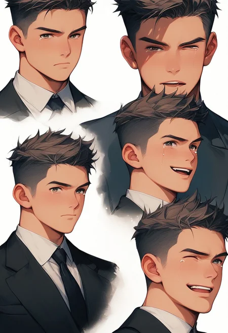 aaFLAm1n1,(B0Y1F), (various expressions sheet:1.3),(different angle:1.4),(intriguing details:1.4),score_9,score_8_up,score_7_up,1boy,"looking at viewer","grey undercut hair","deep eyes", "parted lips", "white background","black formal business suit", (front view:1.2),(lower view),(upper view), grumpy, "hunter eyes", arrogant, sad, (tears), (gazing), smirk, wink, open mouth, laugh, tongue out, teeth, moan,