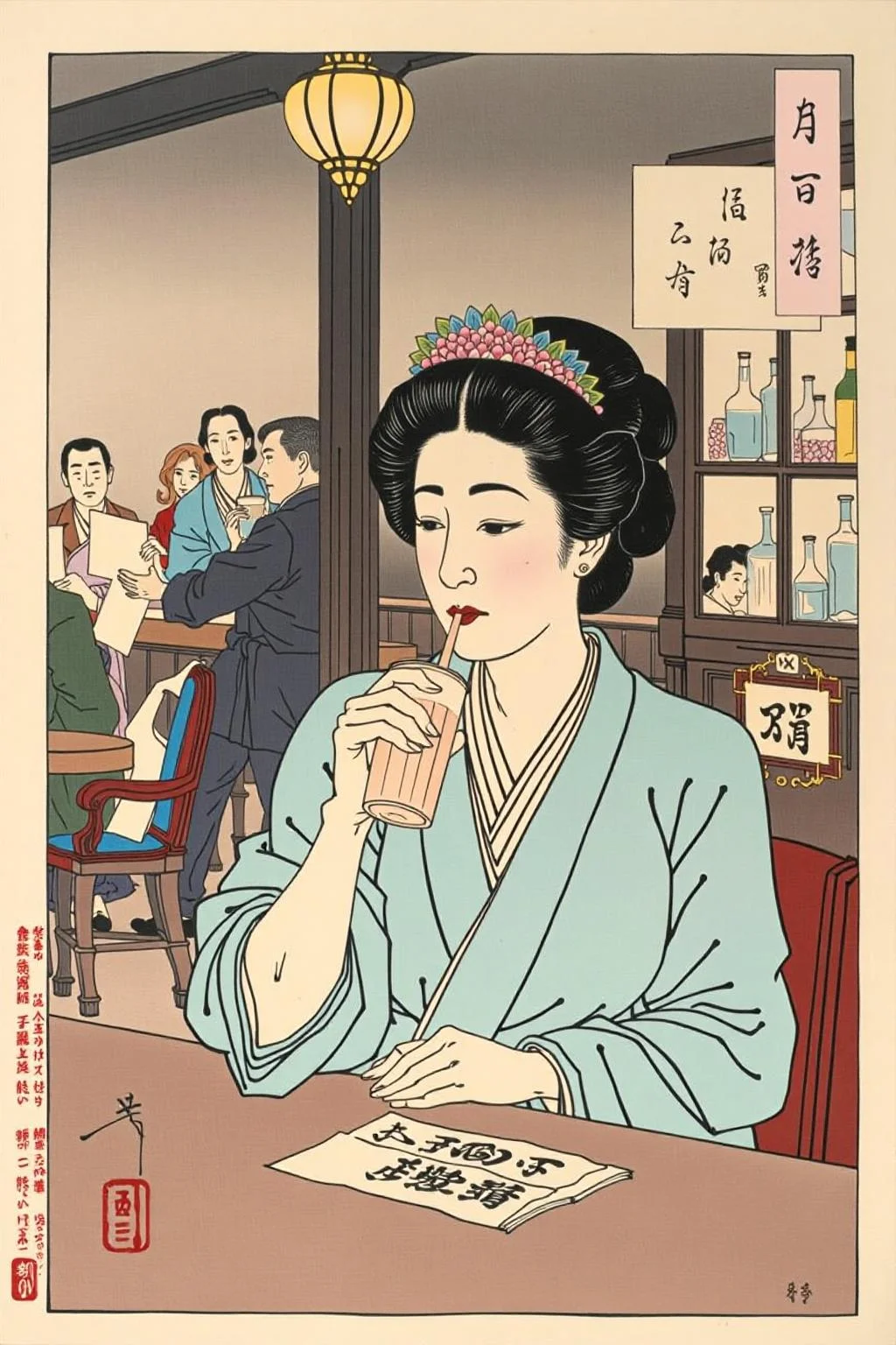 tsukioka1 Japanese woodblock print ukiyo-e.
A woman in a pub eating a milkshake
<lora:schnell_v1.0:1.0> <lora:tsukioka_ukyo-e4_nocap_d8a4:1.0><lora:798031879094828938:0>