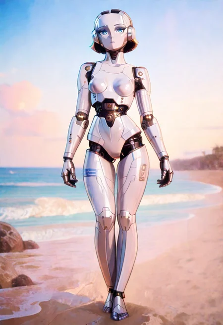 masterpiece,best quality,amazing quality ,1girl,18yo,solo,breasts,blue eyes,outdoors,sky,day,cloud,ocean,beach,robot,science fiction,android,cable,joints,robot joints,mechanical parts,humanoid robot,woman robot,A photo-realistic shoot from the front about a humanoid robot standing on a beach with a clear blue sky and ocean in the background.the image also shows a solo female robot,standing in the middle of the image,facing the viewer with her blue eyes looking directly at the viewer.the robot has a sleek,metallic white body with black wires attached to it,giving it a futuristic appearance.it has a smooth,polished appearance and is wearing no clothing,no pants,no shoes,and no accessory.the woman has a slender build and is barefoot,with her arms at her sides.the background features a clear sky with fluffy white clouds and the ocean,with a small island in the distance.