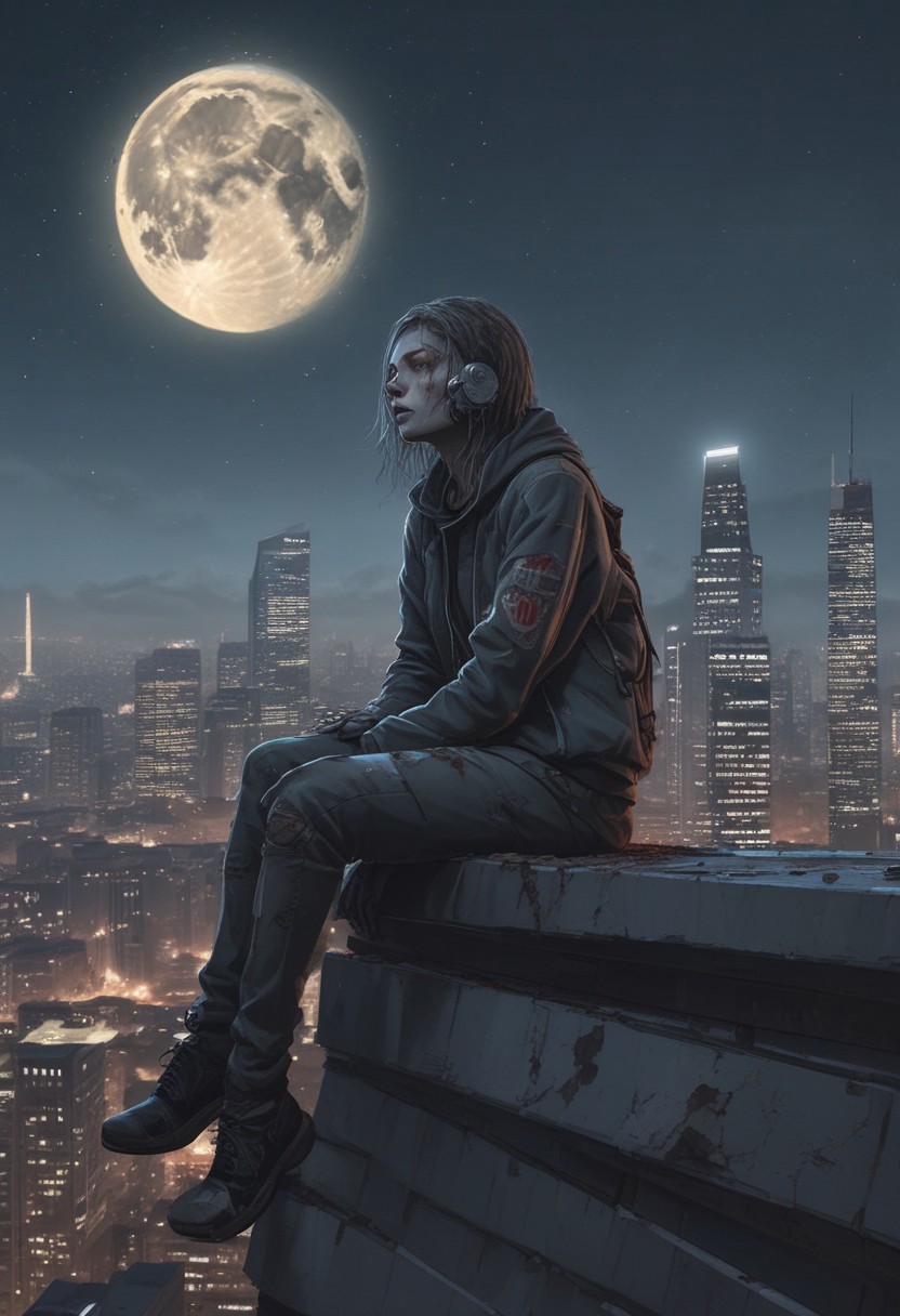 a woman looks like a zombie sitting on the roof, 1 girl, masterpiece, best quality, best quality, full body, bionic skin, pale skin, dead eyes, bionic face, blank stare, scars, blood, damage, hairs, cry, finely detailed, extremely detailed CG unity 8k wallpaper, night sky with stars and moon, empty city