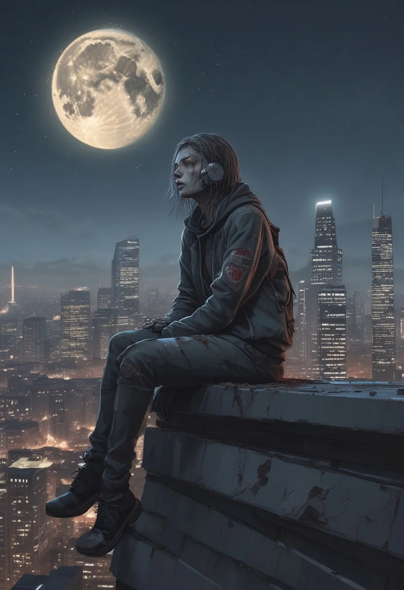 a woman looks like a zombie sitting on the roof, 1 girl, masterpiece, best quality, best quality, full body, bionic skin, pale skin, dead eyes, bionic face, blank stare, scars, blood, damage, hairs, cry, finely detailed, extremely detailed CG unity 8k wallpaper, night sky with stars and moon, empty city