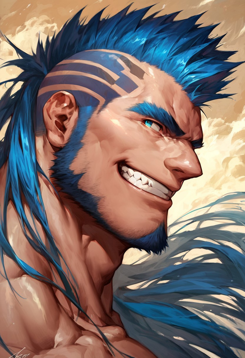 score_9,score_8_up,score_7_up, detailed face, detailed body, detailed eyes, Highest Quality, 4k, masterpiece, Amazing Details, source_anime,(((GomTang, side view, portrait))), solo, 1boy, muscle, big pecs, big muscles, smile, sharph teeth, looking to viewer, bara, face focus, blue mohawk, goatee,