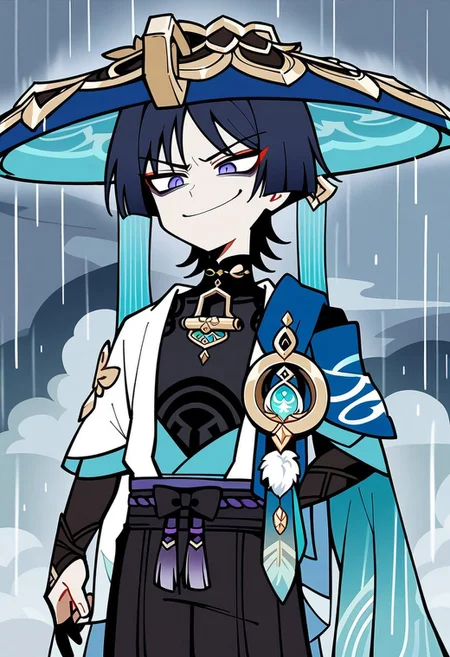 (illustration, 1boy, scaramouche, wanderer \(genshin impact\), genshin impact, smug smile, cloudy sky, rain, thunder, badass, masterpiece)