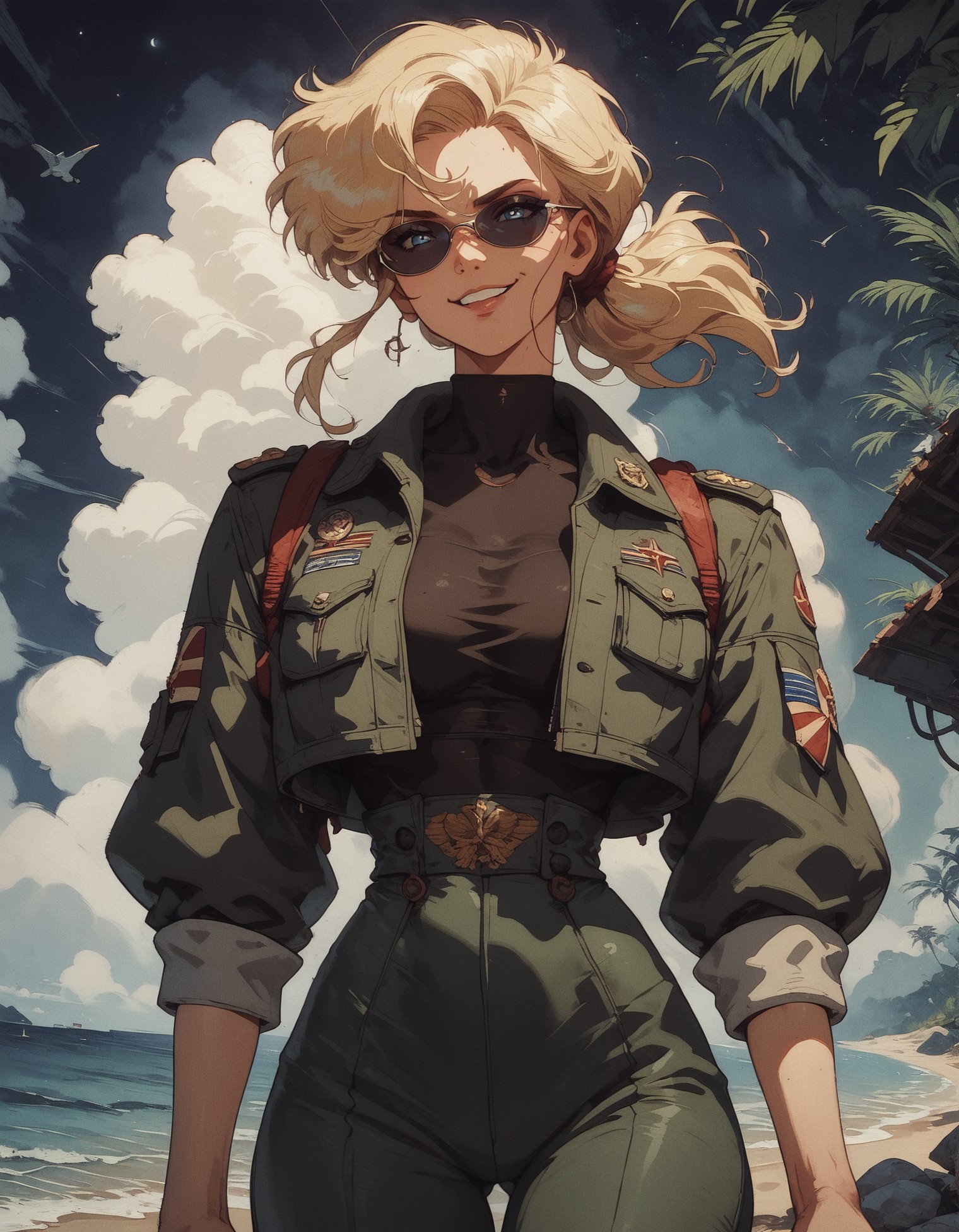 score_9, score_8_up, score_7_up,  1girl, narrow waist, perfect curves, ocean, clouds, looking at viewer, intricate detail, sexy, cool, alluring, dark green military uniform, green pants, (soviet poster:1.1), sunglasses, smirk, (night:1.1), spotlight, blonde hair, ponytail  <lora:pony/twilight_style:0.8> concept art, <lora:pony/expressiveh:0.8> expressiveh, <lora:pony/kenva:0.8> knva, halftone effect, retro artstyle