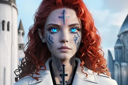 bright red hair, human female, (feminine:1.7), (beautiful face, detailed face:1.6), (beautiful eyes, detailed eyes:1.7), (looking at viewer, eye contact, intense:1.6), (long hair, red hair, curly hair:1.3), , ((masterpiece, best quality, high resolution, realistic, best quality,)), photo realistic, Perfect Face, (detailed face). <lora:GoodHands-vanilla:0.6> <lora:add-detail-xl:0.8>, mage, (Dress White military uniform coat), dagger, rune dagger, glowing runes, , (((glowing magic symbols tattoos, religious tattoos))), ((face tattoos)), glowing tattoos, stone tower in the background