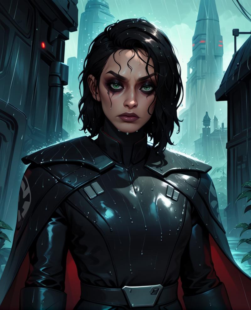 score_9,score_8_up,score_7_up,score_6_up,
Trilla,green eyes,black hair,
upper body, wet,    
armor,gloves,black bodysuit,black cape,belt,rain,
science fiction,sith base, star wars, outdoors,  rain, 
<lora:Trilla:0.8>,solo,