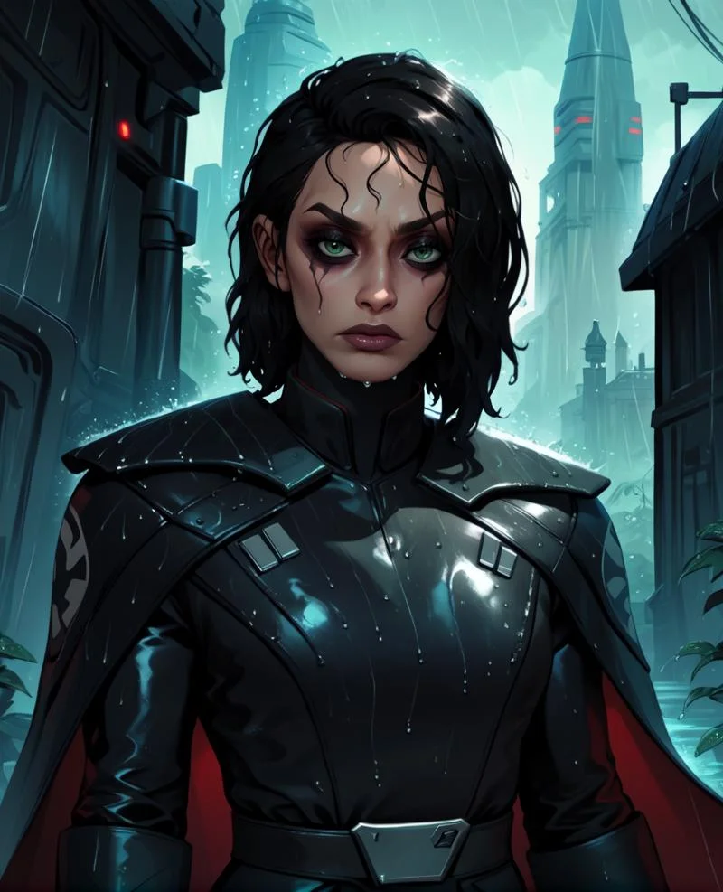 score_9,score_8_up,score_7_up,score_6_up,
Trilla,green eyes,black hair,
upper body, wet,
armor,gloves,black bodysuit,black cape,belt,rain,
science fiction,sith base, star wars, outdoors, rain,
<lora:Trilla:0.8>,solo,