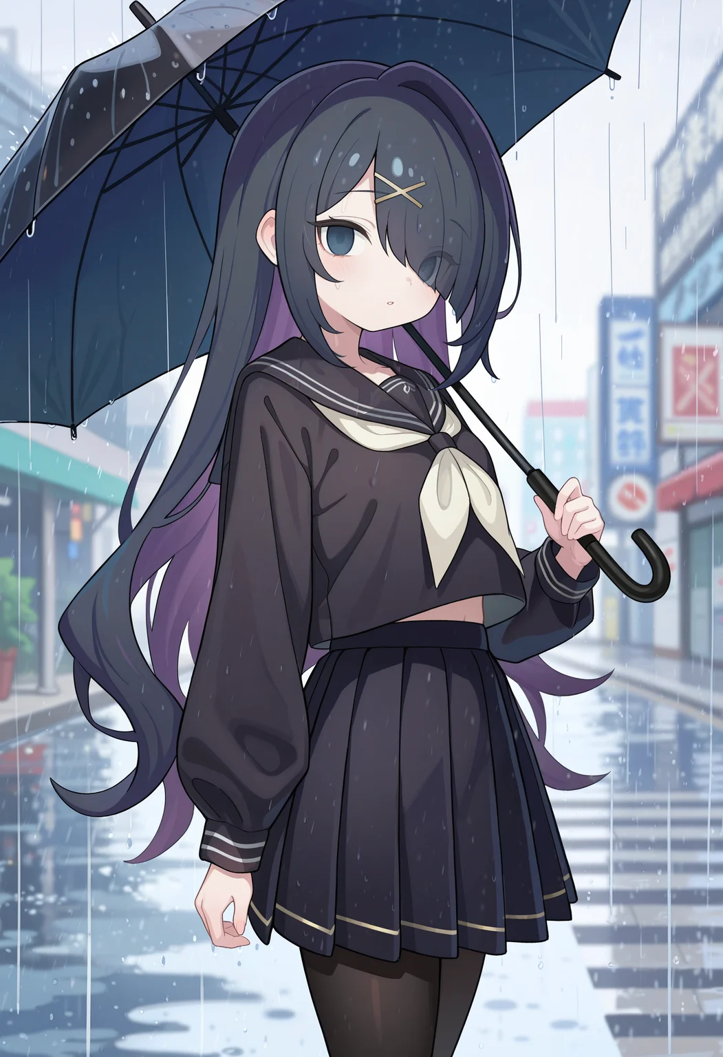 masterpiece, best quality, high quality, detailed, absurdres, uncensored, <lora:kejuki:1> kejuki, ketsu juuji killer \(kejuki\), outdoors, rain, blurry background, grey theme
BREAK 1girl, ame-chan \(needy girl overdose\), (small breasts:0.4), alternate costume, alternate hairstyle, hair down, very long hair, hair over one eye, empty eyes, x hair ornament, black serafuku, white neckerchief, long sleeves, black skirt, pleated skirt, black pantyhose, holding umbrella, black umbrella, parted lips, upper body, looking at viewer