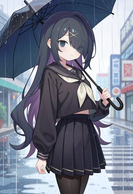masterpiece, best quality, high quality, detailed, absurdres, uncensored, <lora:kejuki:1> kejuki, ketsu juuji killer \(kejuki\), outdoors, rain, blurry background, grey theme
BREAK 1girl, ame-chan \(needy girl overdose\), (small breasts:0.4), alternate costume, alternate hairstyle, hair down, very long hair, hair over one eye, empty eyes, x hair ornament, black serafuku, white neckerchief, long sleeves, black skirt, pleated skirt, black pantyhose, holding umbrella, black umbrella, parted lips, upper body, looking at viewer