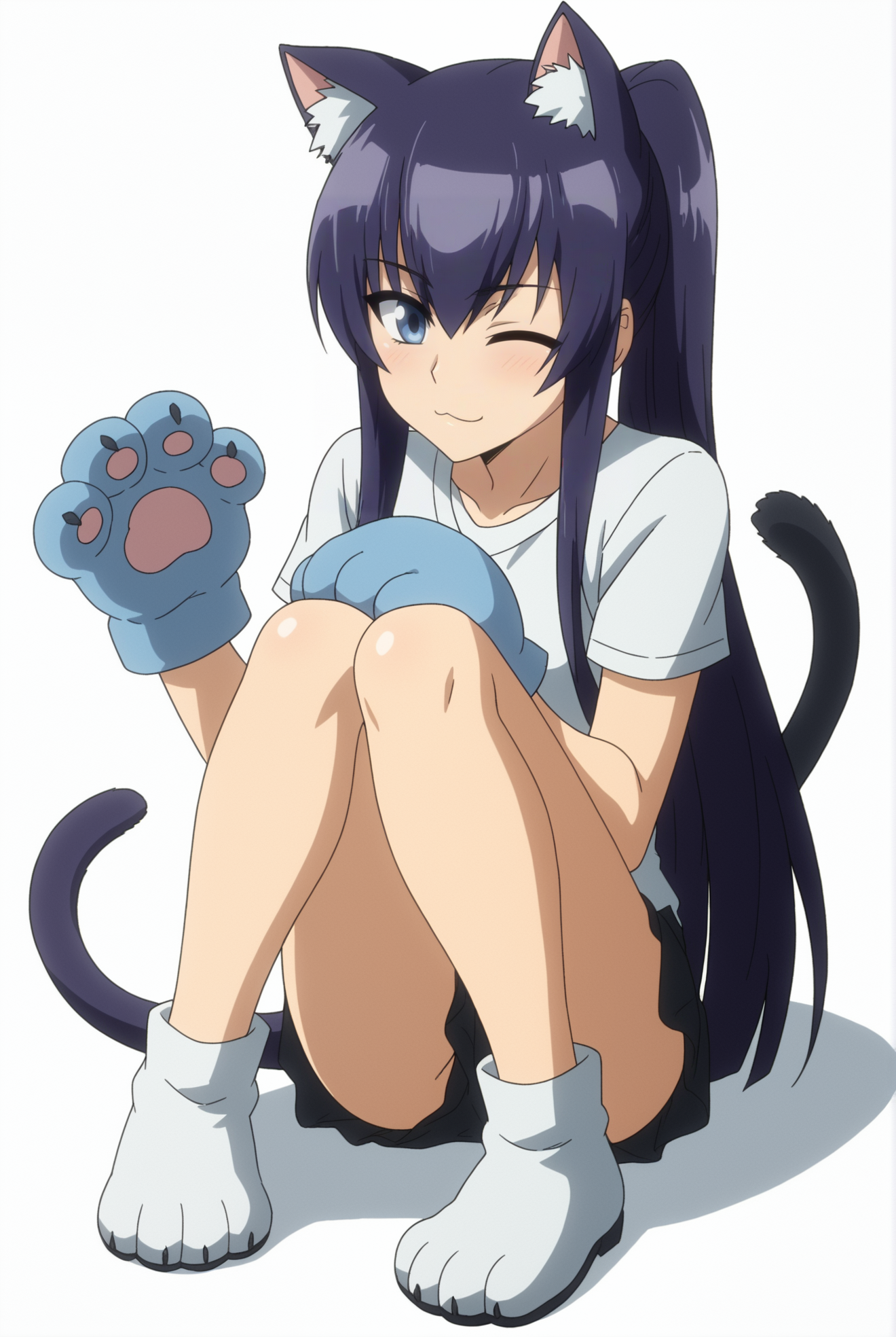 <lora:Saeko_Busujima:0.8>, white background, Saeko Busujima, 1girl, one eye closed, solo, animal ears, tail, white background, cat ears, cat tail, paw gloves, full body