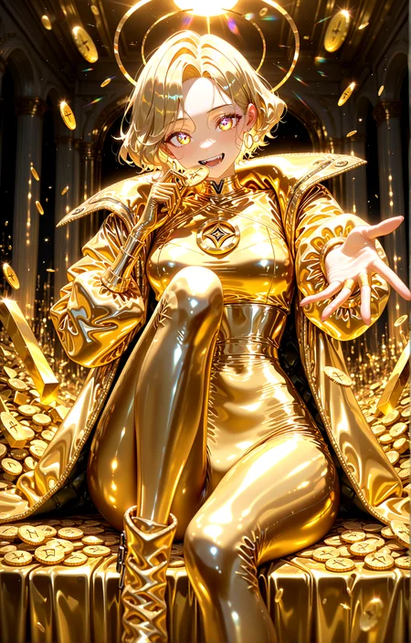 masterpiece, best quality, amazing quality, very aesthetic, absurdres, newest,
indoors,dark_background,
1girl,golden_jacket,golden_shirt,short_hair,smile,open_mouth,
holding_ingot,sitting ,knee up,hand up,golden_coin,cash,(pile_of_money:1.2)
gold bar, gold ingot biting_ingot eating ingot (reaching towards viewer,:1.2)
facelight,luster,shiny_skin,lens flare,
,glowing,latex,luster,shiny_skin,
{{best_quality}},{{amazing_quality,very_aesthetic}},
masterpiece, best quality, amazing quality, very aesthetic, absurdres, newest, volumetric lighting, <lora:spo_sdxl_10ep_4k-data_lora_webui:1> <lora:holographiccolor:0.9>