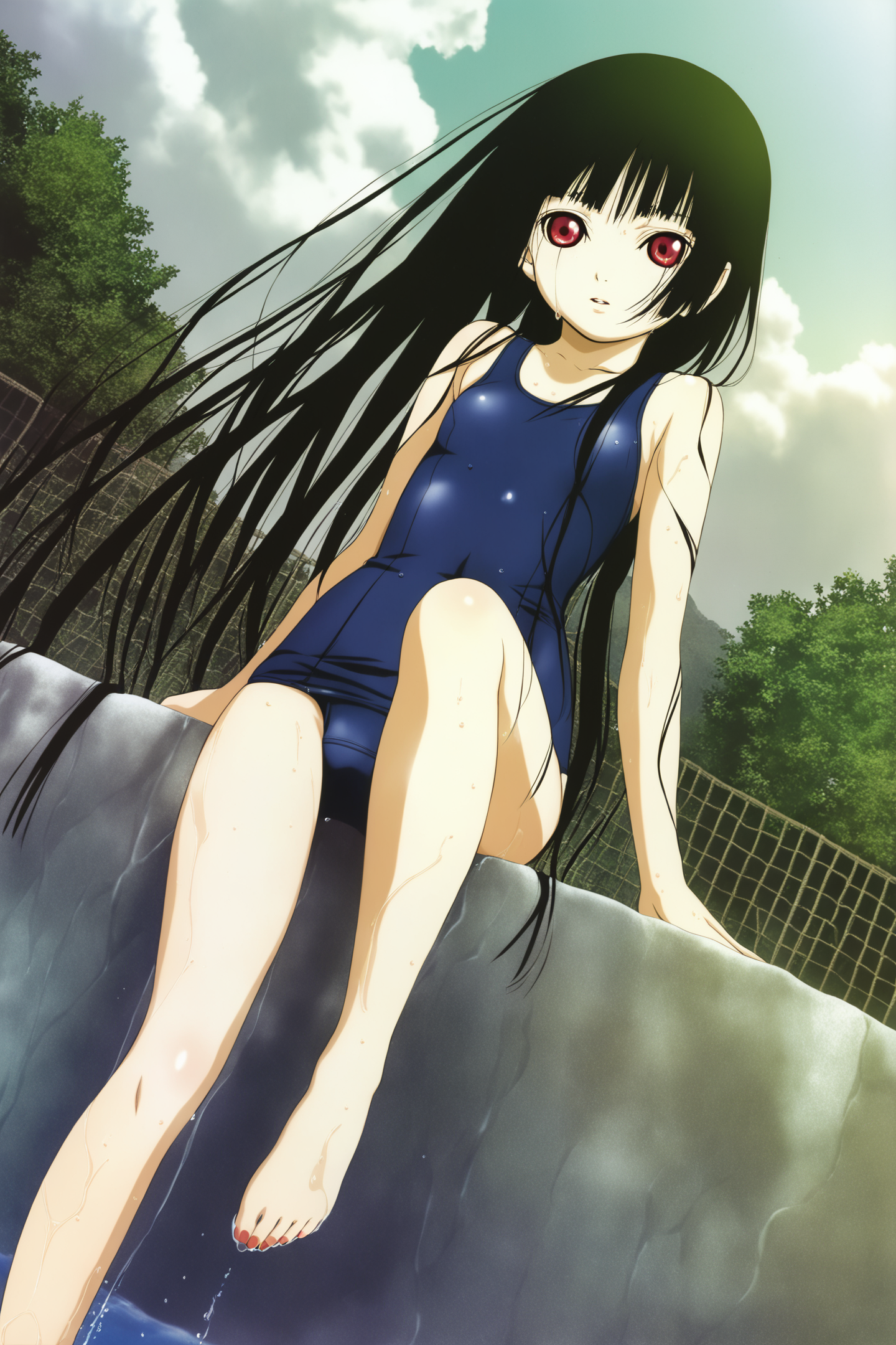 Enma Ai,1girl,solo,long hair,black hair,red eyes,wet,blue swimsuit,one-piece swimsuit,school swimsuit,cloud,sky,
<lora:JigokuShoujo_illustriousXL:0.8>,