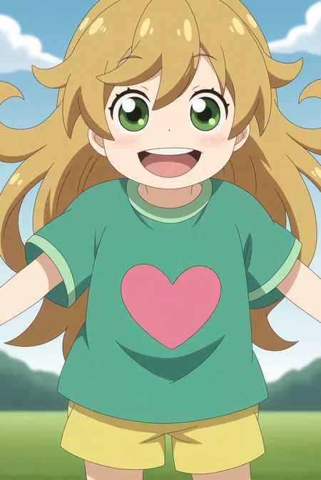 Tsumugi Inuzuka, green shirt, heart print, short sleeves, t-shirt, front view, happy, child <lora:Sweetness_and_Lightning-Tsumugi_Inuzuka-PDXL:0.8>