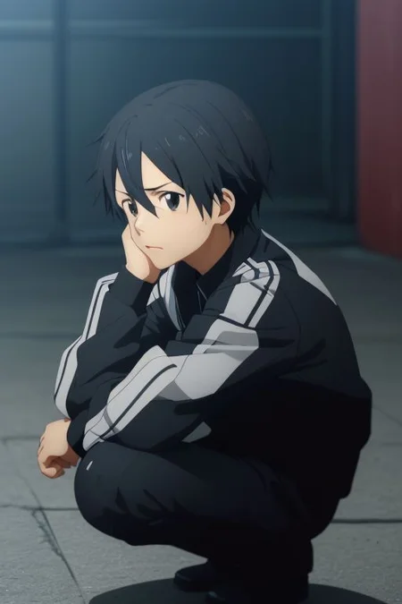 high resolution, solo, best quality, 1Boy, Kazuto Kirigaya, portraits, Black Hair, Black Eyes, lofi, candid, squat, depth of field, photo model, looking at viewer, OverallDetail