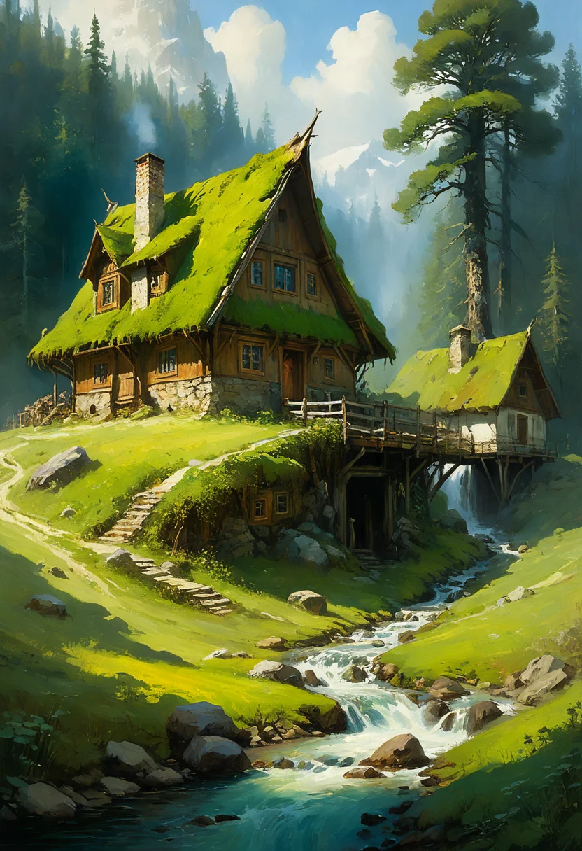 landscape painting of a homestead, nordic elven adventurers, cozy valley, broadleaf forest, ferrotype defects, style of (Jeremy Mann, Louis Icart, Valentin Serov, Makoto Kobayashi, Karol Bak) <lora:xl_more_art-full_v1:0.5>
