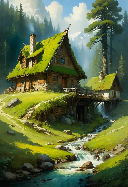 landscape painting of a homestead, nordic elven adventurers, cozy valley, broadleaf forest, ferrotype defects, style of (Jeremy Mann, Louis Icart, Valentin Serov, Makoto Kobayashi, Karol Bak) <lora:xl_more_art-full_v1:0.5>