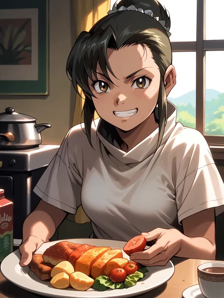 <lora:happy_tentacle-fabiola-v0.2-000026:1>, ht_fabiola, single hair bun, medium breasts , (cowboy shot, solo focus:1.1) (petite:1.2), <lora:Shed_The_Skin's StS_age_slider_v1_initial_release:-1.1> ( , , ( :1.2) , grin , (looking at viewer:0.6) :1.2) , indoors, ((dawn :0.6), :0.8), ( window :0.9), (furniture:0.9), , , , , ( :0.8) , food stand , (chair, table:0.5), (pepper , tea :0.8) ( :0.8) score_9, score_8_up, score_7_up, score_6_up, score_5_up, score_4_up, [(realistic, photorealistic:1.3):(realistic:1.3):14], [(3d:1.2)::12], <lora:LUUNA's Lunas-NijiJourney-SDXL-B2:0.35>, nijijourney <lora:prgfrg23's Counterfeit-V3.0 Style SDXL_LoRA_Pony Diffusion V6 XL:0.5> <lora:mfcg's mfcgXL:0.12> <lora:reweik's gyokai(himehajime)_PonyXL_style_v01:0.14>