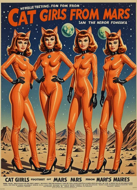 vntgpstr of "Cat girls from Mars", latex suits <lora:vintage_poster-000003:1>