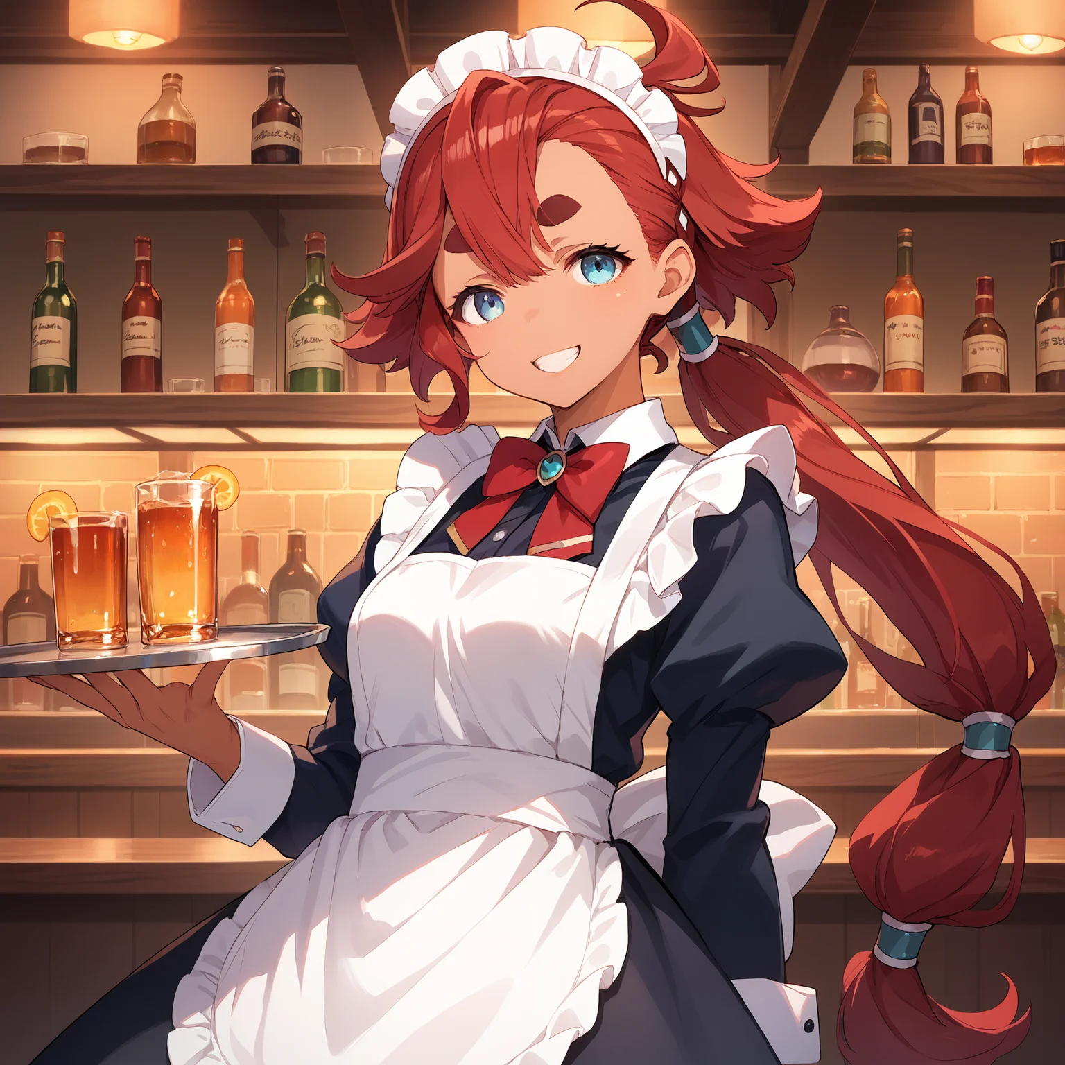 score_9, score_8_up, score_7_up, score_6_up, score_5_up, score_4_up, BREAK source_anime, look at viewer, 1girl, indoors, bar, masterpiece, best quality, high detailed skin,  suletta mercury, dark skin, red hair, long hair, low ponytail, ahoge, blue eyes, thick eyebrows, maid, maid headdress, maid apron, pantyhose, holding tray, smiling, bowtie,
