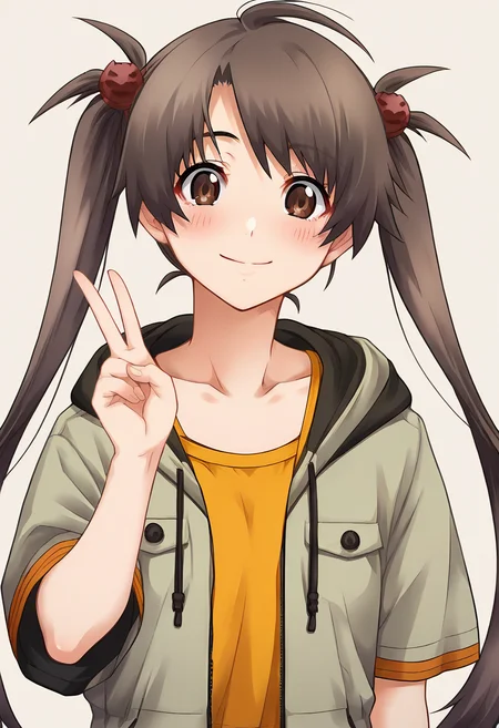 score_9, score_8_up, score_7_up, score_6_up, score_5_up, score_4_up, masterpiece, source_anime, 1girl, c notoya, medium breasts, brown hair, brown eyes, long hair, twintails, hair ornament, ahoge, light green hooded jacket, orange shirt, short sleeves, simple background, beige background, smile, upper body, looking at viewer, collarbone, v, blush, <lora:Kozue_Notoya_PONY_c:1>