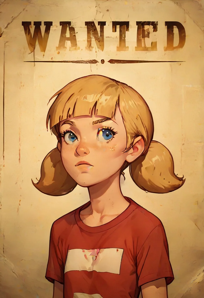 score_8, score_8_up, score_7_up, score_6_up, BREAK, 1girl, solo, female focus, wantedposter of penny_ig, blonde hair, twintails, blue eyes, red shirt, stripe, flat chest,