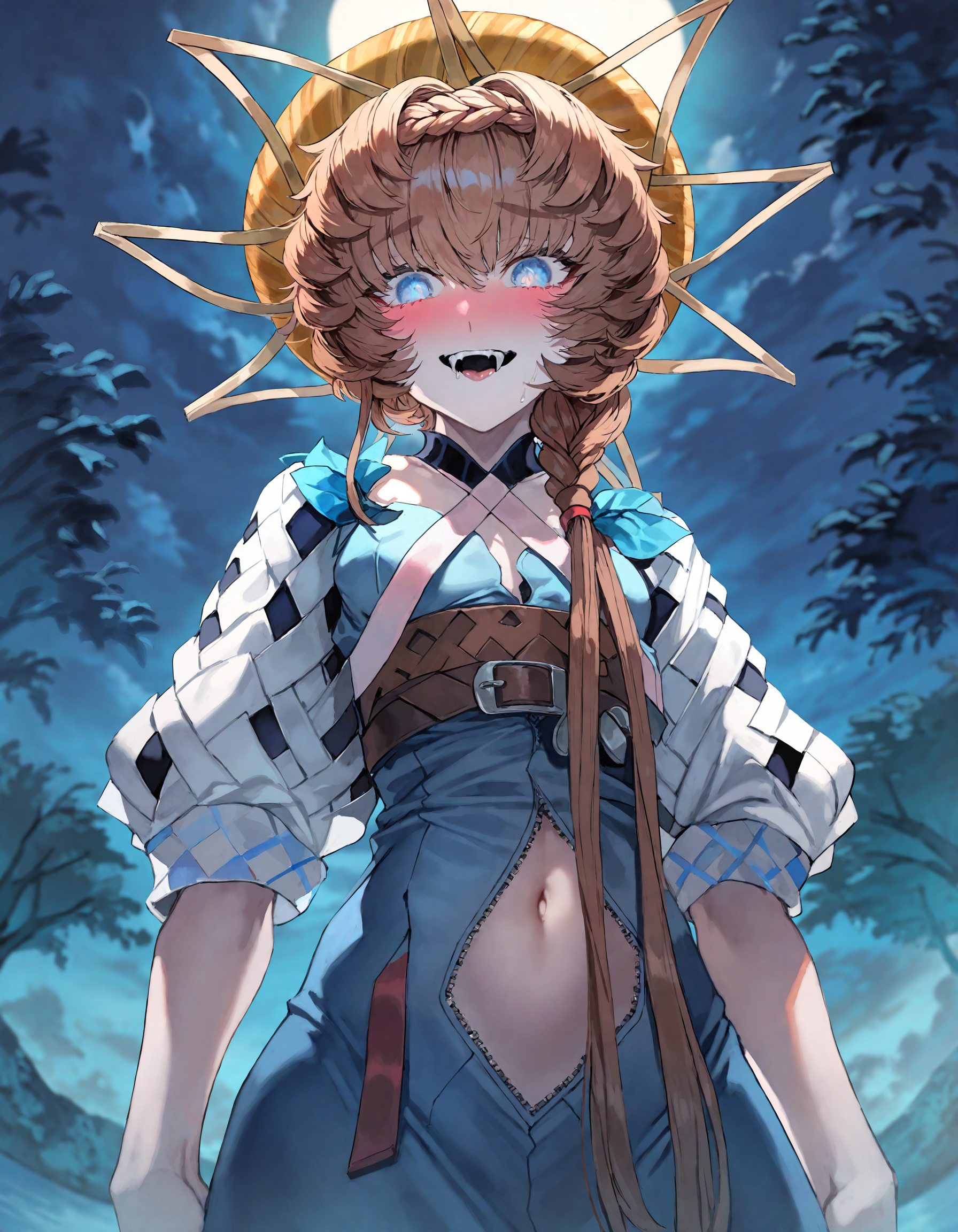 van_gogh_(fate),van_gogh_(third_ascension)_(fate), fate/grand_order, munakata_(sekimizu_kazuki):1.2,mogudan:0.7, hamada_yoshikazu:0.8 ,toriyama_akira_(style):0.8, quasarcake:0.8,rolua, ,negative space,
masterpiece, highres, absurdres, newest,
1girl ,black_headwear ,black_ribbon ,black_scarf ,black_tongue ,blue_background ,blue_eyes ,blush ,bright_pupils , clothing_cutout ,colored_skin ,dress ,fangs, navel, navel_cutout,nose_blush, open_mouth ,puffy_short_sleeves ,puffy_sleeves, ribbon ,scarf ,short_hair ,short_sleeves ,smile ,solo, tongue, tongue_out ,white_dress ,white_hair ,white_pupils ,white_skin ,white_sleeves ,yellow_headwear, wet, bathes, lake, half body in water, empty hands, darkness, fog, mist, cowboy shot,
, detailed background,view from below,backlighting, detailed cloudy sky, forest, night, deep night, trees, moon rays, moon,
<lora:ponyv4_noob1_2_adamW:0.5>, <lora:add-detail-xl:0.5>