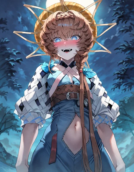 van_gogh_(fate),van_gogh_(third_ascension)_(fate), fate/grand_order, munakata_(sekimizu_kazuki):1.2,mogudan:0.7, hamada_yoshikazu:0.8 ,toriyama_akira_(style):0.8, quasarcake:0.8,rolua, ,negative space,
masterpiece, highres, absurdres, newest,
1girl ,black_headwear ,black_ribbon ,black_scarf ,black_tongue ,blue_background ,blue_eyes ,blush ,bright_pupils , clothing_cutout ,colored_skin ,dress ,fangs, navel, navel_cutout,nose_blush, open_mouth ,puffy_short_sleeves ,puffy_sleeves, ribbon ,scarf ,short_hair ,short_sleeves ,smile ,solo, tongue, tongue_out ,white_dress ,white_hair ,white_pupils ,white_skin ,white_sleeves ,yellow_headwear, wet, bathes, lake, half body in water, empty hands, darkness, fog, mist, cowboy shot,
, detailed background,view from below,backlighting, detailed cloudy sky, forest, night, deep night, trees, moon rays, moon,
<lora:ponyv4_noob1_2_adamW:0.5>, <lora:add-detail-xl:0.5>