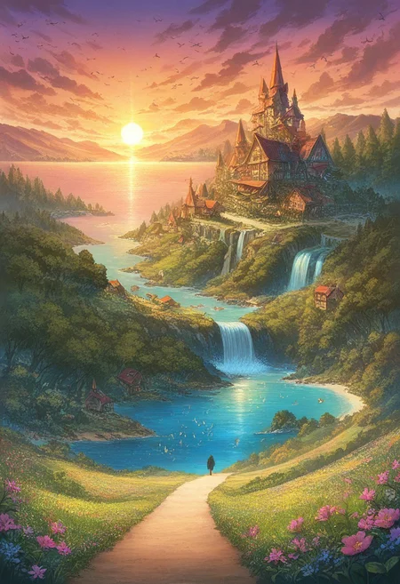 prefect lighting,very aesthetic,prefect hands,best quality,
intricate details,((highly detailed background)),(masterpiece:0.9),high quality, masterpiece,best quality,ultra-detailed, st_landscape, scenery, road, houses, fantasy, flowers, meadows, birds, sun, forest, trees, beautiful, sunset, sea, beach, waterfall, colored, light