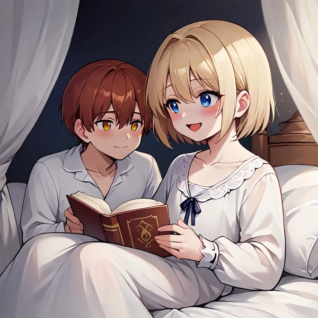 score_9, score_8_up, score_7_up, score_6_up, score_5_up, source_anime, painterly, 2boys, multiple boys, boy A and boy B, 18 years old, ((small body)), (same size), long sleeves, ruffle shirt, lace up, drawstring, large wooden headrest, nice fancy bedroom, (white nightgown:1.1), white nightshirt, [dress], white pajamas, victorian era, sitting up in bed, collarbone, white blankets, canopy bed, leaning back on large pillows, ((big white pillows)), ((dark lighting)), reading a book, looking at book, (soft warm lighting), (absurd detail), (masterpiece:1.1), (high quality), (4k), (detailed anime, anime artwork), straight hair, holding a large book, reading, cozy, (shoulder to shoulder), side by side, resting on pillows, next to each other, on bed, warm light, straight hair <lora:m1n0XLP:0.5> m1n0, ((high_quality)), ((Super_Detailed)), from side
BREAK boy A(((light blonde hair)), ((bangs)), hair between eyes, blue eyes, soft smile, shy, closed mouth, [blush], turning head to look at boy B, looking over shoulder, turning, looking at boy B),
BREAK boy B(auburn hair, parted bangs, golden eyes, open mouth, [laughing]),