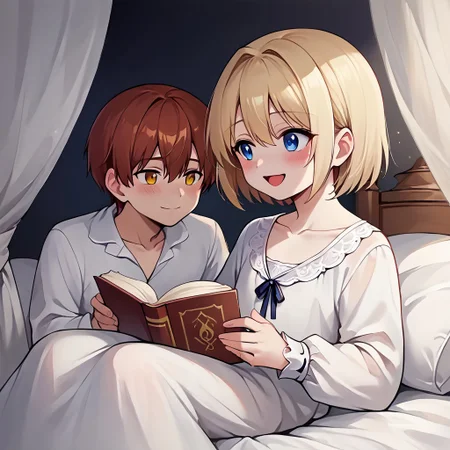 score_9, score_8_up, score_7_up, score_6_up, score_5_up, source_anime, painterly, 2boys, multiple boys, boy A and boy B, 18 years old, ((small body)), (same size), long sleeves, ruffle shirt, lace up, drawstring, large wooden headrest, nice fancy bedroom, (white nightgown:1.1), white nightshirt, [dress], white pajamas, victorian era, sitting up in bed, collarbone, white blankets, canopy bed, leaning back on large pillows, ((big white pillows)), ((dark lighting)), reading a book, looking at book, (soft warm lighting), (absurd detail), (masterpiece:1.1), (high quality), (4k), (detailed anime, anime artwork), straight hair, holding a large book, reading, cozy, (shoulder to shoulder), side by side, resting on pillows, next to each other, on bed, warm light, straight hair <lora:m1n0XLP:0.5> m1n0, ((high_quality)), ((Super_Detailed)), from side
BREAK boy A(((light blonde hair)), ((bangs)), hair between eyes, blue eyes, soft smile, shy, closed mouth, [blush], turning head to look at boy B, looking over shoulder, turning, looking at boy B),
BREAK boy B(auburn hair, parted bangs, golden eyes, open mouth, [laughing]),