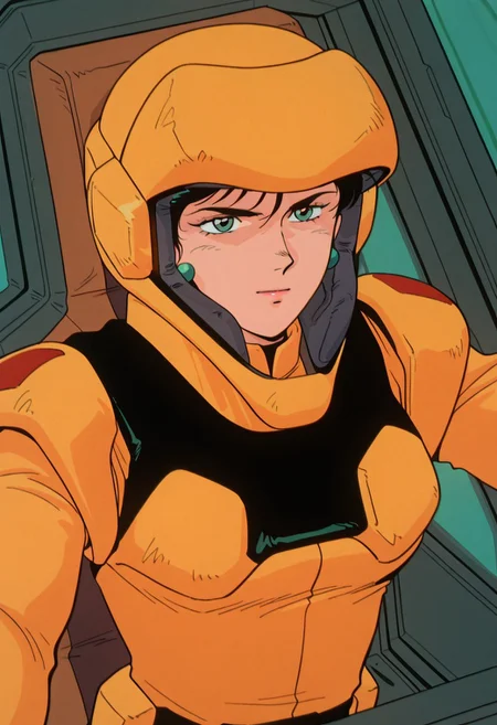 masterpiece, best quality, 32k, high resolution, absurdres, zanscare empire pilot suit, solo, science fiction, retro artstyle, 1girl, upper body, black hair, earrings, short hair, cockpit, helmet