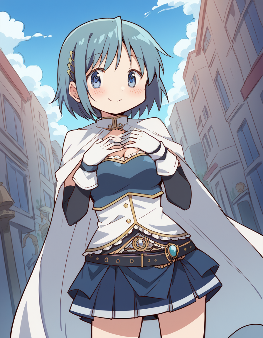 score_9, score_8_up, score_7_up, source_anime, <lora:sayaka-miki-s1-ponyxl-lora-nochekaiser:1>, sayaka miki, short hair, blue eyes, hair ornament, blue hair, hairclip, medium breasts,, <lora:miki-sayaka-cosplay-ponyxl-lora-nochekaiser:1>, miki sayaka cosplay, miki sayaka (cosplay), belt, black sleeves, blue skirt, cape, cosplay, dress, gloves, gem, skirt, sleeveless, sleeveless dress, white cape, white gloves,, streets, outdoors, smile, blush, hands on own chest, cowboy shot, looking at viewer,, , dutch angle, cowboy shot