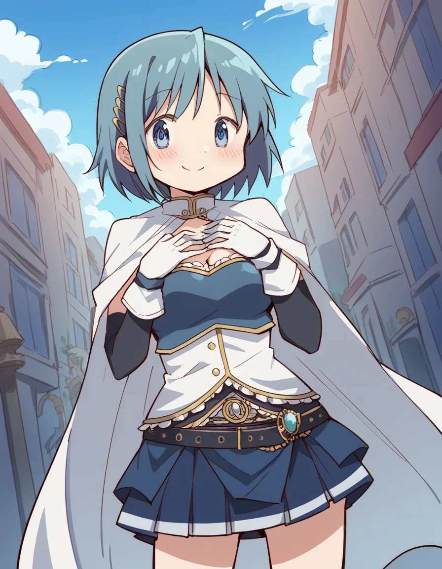 score_9, score_8_up, score_7_up, source_anime, <lora:sayaka-miki-s1-ponyxl-lora-nochekaiser:1>, sayaka miki, short hair, blue eyes, hair ornament, blue hair, hairclip, medium breasts,, <lora:miki-sayaka-cosplay-ponyxl-lora-nochekaiser:1>, miki sayaka cosplay, miki sayaka (cosplay), belt, black sleeves, blue skirt, cape, cosplay, dress, gloves, gem, skirt, sleeveless, sleeveless dress, white cape, white gloves,, streets, outdoors, smile, blush, hands on own chest, cowboy shot, looking at viewer,, , dutch angle, cowboy shot