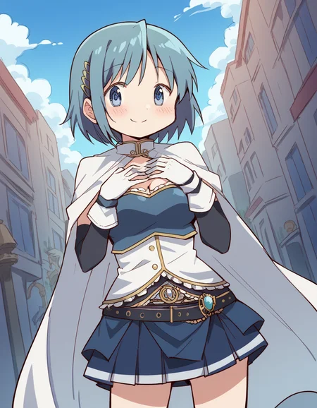 score_9, score_8_up, score_7_up, source_anime, <lora:sayaka-miki-s1-ponyxl-lora-nochekaiser:1>, sayaka miki, short hair, blue eyes, hair ornament, blue hair, hairclip, medium breasts,, <lora:miki-sayaka-cosplay-ponyxl-lora-nochekaiser:1>, miki sayaka cosplay, miki sayaka (cosplay), belt, black sleeves, blue skirt, cape, cosplay, dress, gloves, gem, skirt, sleeveless, sleeveless dress, white cape, white gloves,, streets, outdoors, smile, blush, hands on own chest, cowboy shot, looking at viewer,, , dutch angle, cowboy shot