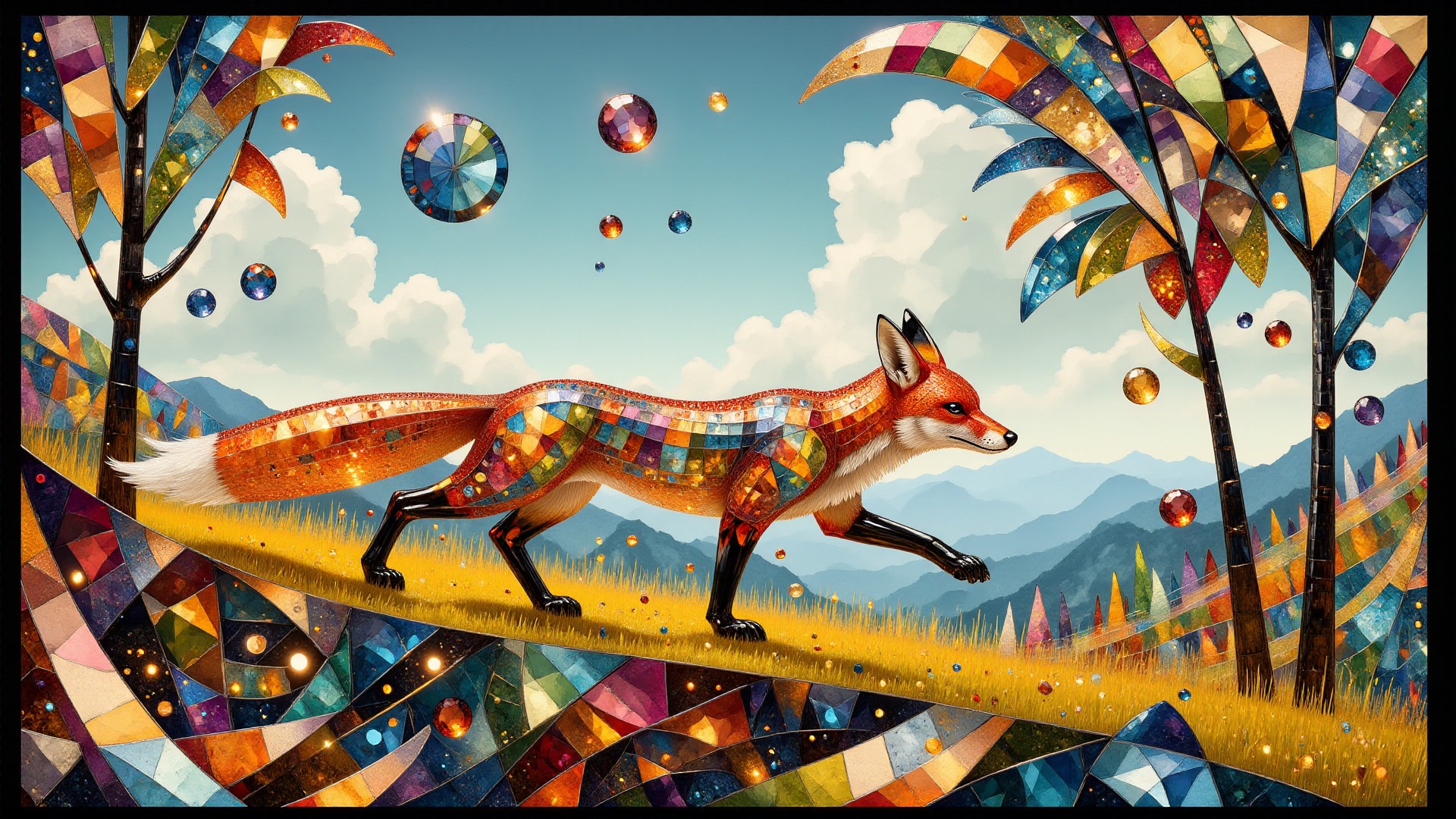The basic cs-cr1stal scene is copper fox running on a grassy ridge. The picture combines Art Nouveau mysterious elements with a modern interpretation characterized by elegant lines, a Greek color palette, and intricate ebru details. The background skilfully blends shapes into a Surrealist backdrop. <lora:midjourney_whisper_chromaplex_v1:0.8> <lora:Crystality Flux_v1:0.8>