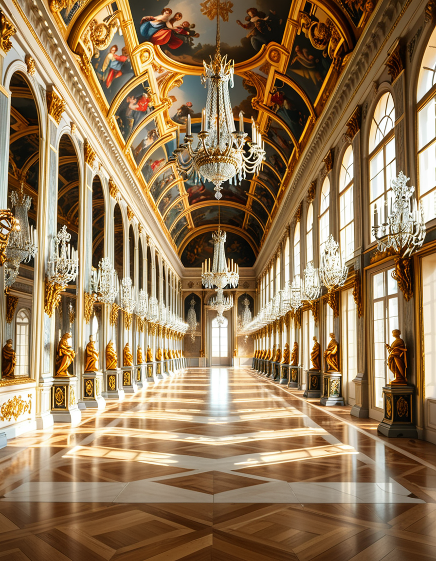 A breathtaking, photorealistic depiction of the Hall of Mirrors (Galerie des Glaces) at the Palace of Versailles in France, captured in golden afternoon light. The hall is grand and opulent, with a high arched ceiling painted with intricate Baroque frescoes. The walls are lined with tall arched mirrors on one side and large arched windows on the opposite side, flooding the space with natural light. Elegant crystal chandeliers hang from the ceiling, reflecting in the mirrors and sparkling with golden highlights. The marble floors are polished and gleaming, with rich, warm tones. Gilded statues and decorative elements frame the mirrors and doorways. The image style is ultra-detailed and photorealistic, with sharp textures and soft, warm lighting creating a majestic, timeless atmosphere. No people present, only the serene magnificence of the empty hall. Camera angle at eye level, centered down the hall, capturing the full length and symmetry of the space.
<lora:SDXLFaeTastic2400:0.4> <lora:extremely_detailed:0.4> extremely detailed,<lora:Hall_of_M1rr0rs:1>,Hall of M1rr0rs, Masterpiece,best quality,hi res,8k,hi res,8k,award winning,(sharp focus, intricate, highly detailed),