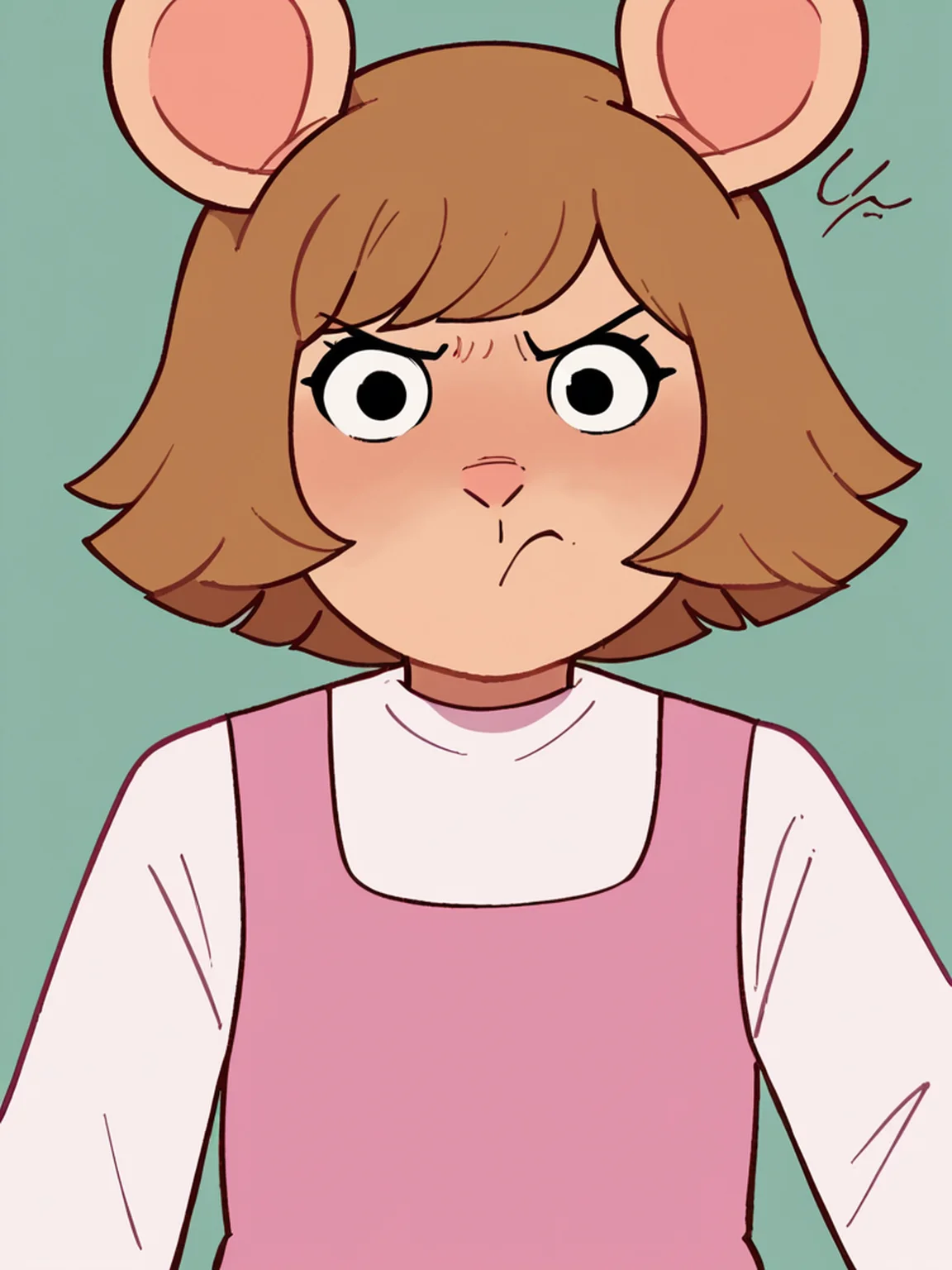 score_9,score_8_up,score_7_up, BREAK,
1girl, cute, pout, cheek bulge, annoyed, looking at viewer,
 <lora:D.W_Read_Arthur:1> d.w, animal ears, brown hair, short hair, black eyes, mouse ears,
white long sleeve shirt, pink dress,