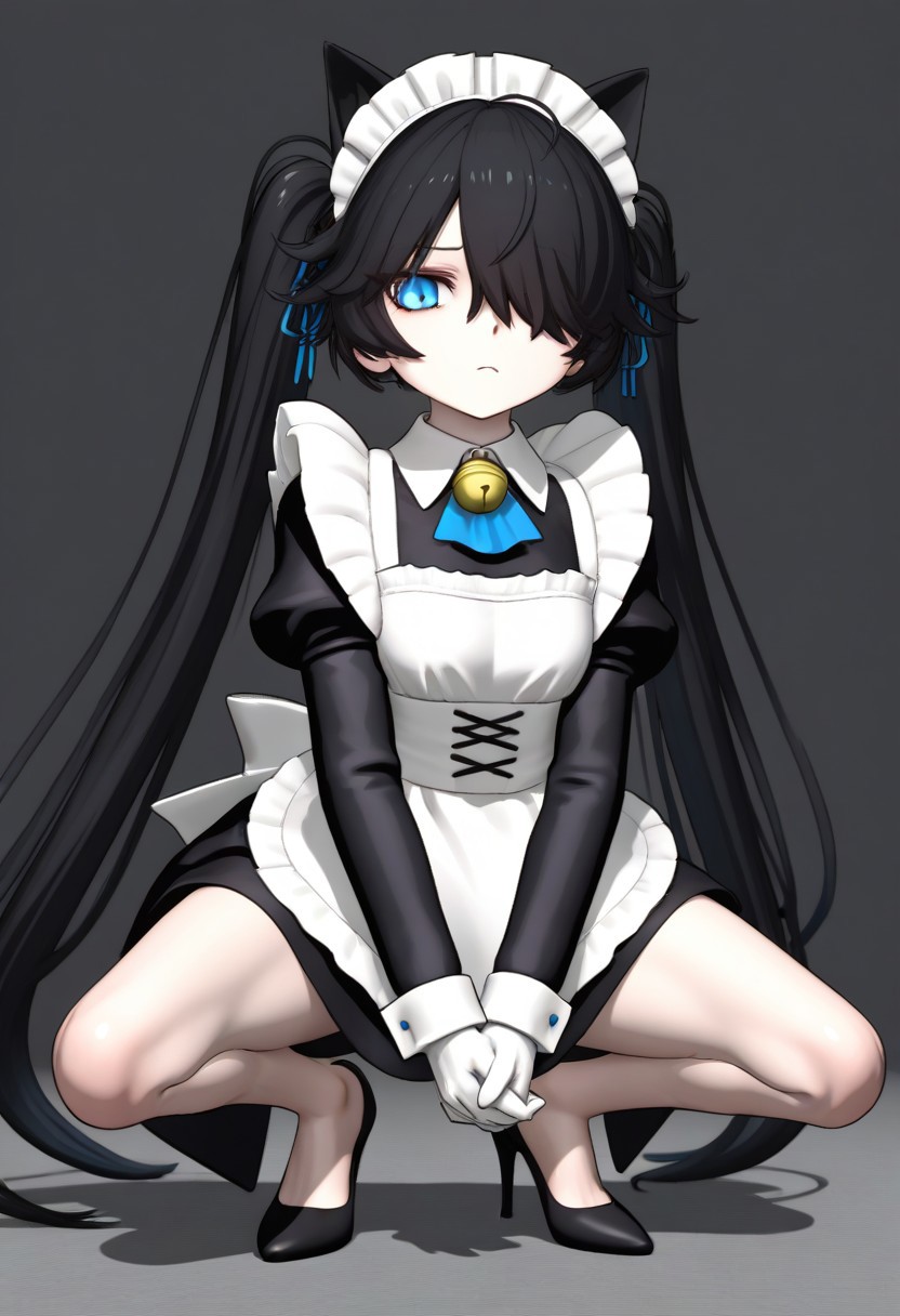 3D,(((MMD))),(Maid-kasli), solo, white gloves, dress, hair over one eye, maid apron, blue eyes, twintails, cat ears, maid headdress, maid, gloves, 1girl, apron, juliet sleeves, long sleeves, long hair, black hair, animal ears, bell,(Fall down),(squatting down, heels touching each other, legs fully extended outward)