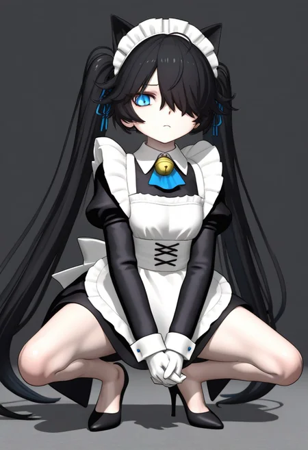 3D,(((MMD))),(Maid-kasli), solo, white gloves, dress, hair over one eye, maid apron, blue eyes, twintails, cat ears, maid headdress, maid, gloves, 1girl, apron, juliet sleeves, long sleeves, long hair, black hair, animal ears, bell,(Fall down),(squatting down, heels touching each other, legs fully extended outward)