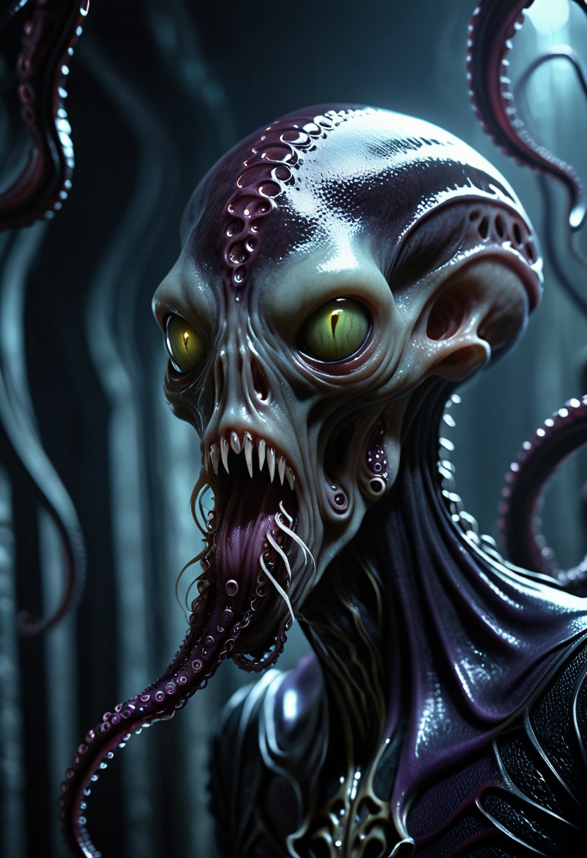 dark fantasy gothic, intense macro shot focusing on psionic energy, dimly lit, horror-inspired atmosphere, head tilted unnaturally, sensing thoughts, pulsating psionic chambers, tentacled face, dark, leathery skin, elongated cranium, slender, alien physique, four long tentacles extending from mouth fantasy_random_lora, realistic, uhd, 8k, masterpiece, intricately detailed, cinematic, best quality, absurd resolution, fantasy art, fantasy race concept, artfully_mindflayer,  <lora:artfully_MINDFLAYER_SDXL:0.8>