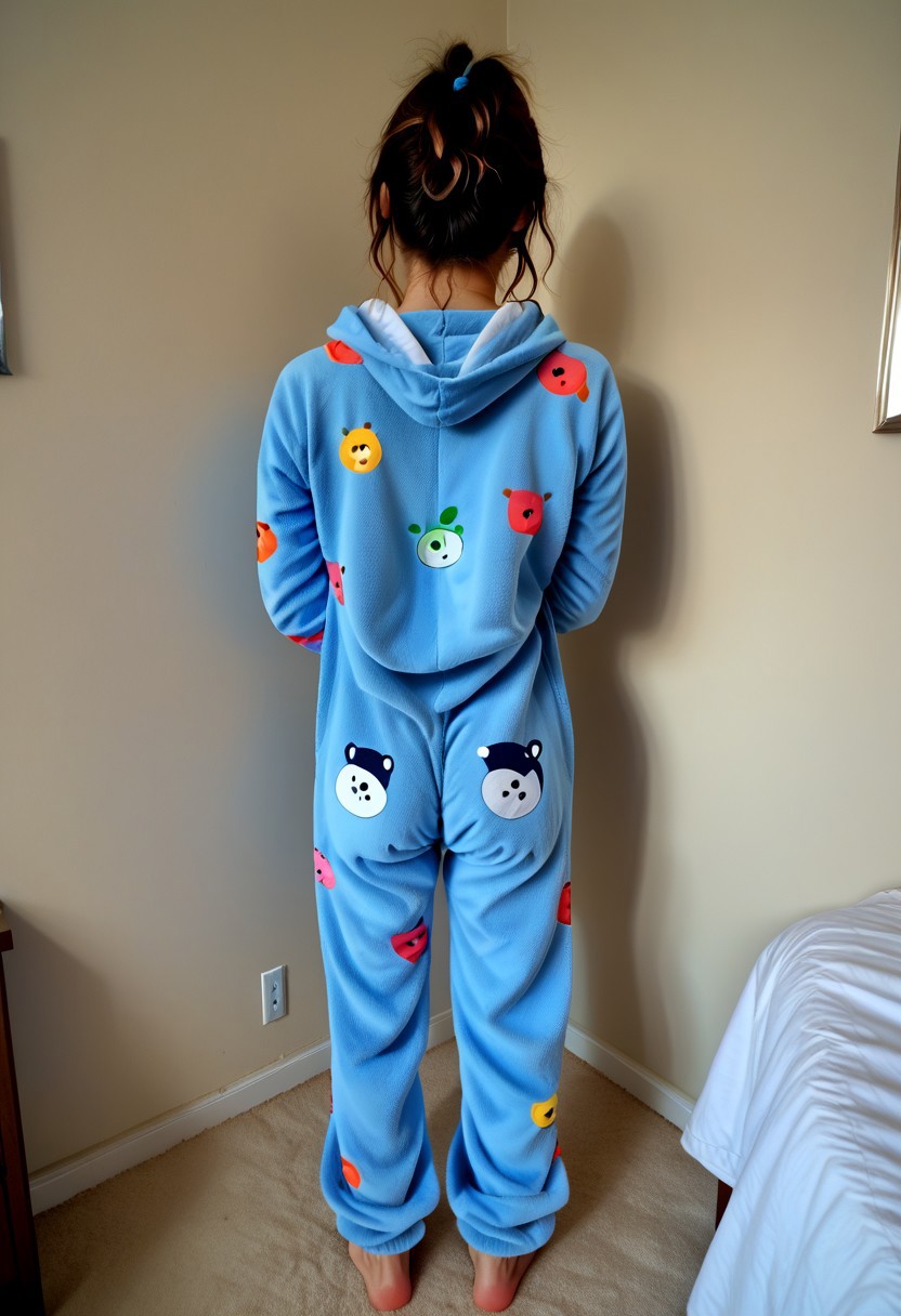 Onesie, cornertime, facing the wall, timeout, rear view, punished