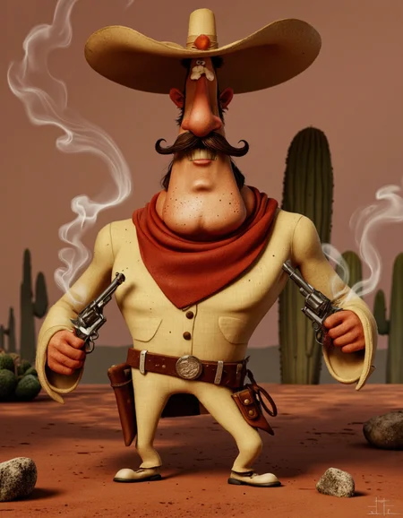 Art by Jean-Baptiste Vendamme. A cartoonish digital illustration shoot from a frontal camera angle about a cartoon character dressed as a cowboy with a mustache and a sombrero, holding two revolvers, standing confidently in a desert-like setting with cactus plants in the background. the image also shows a confident, anthropomorphic man in the middle of the image, who appears to be a middle-aged man with a large mustache, wearing a beige cowboy outfit with a red scarf around his neck, a brown belt with a holster, and a wide-brimmed hat. he is holding two silver revolvers in both hands, one in each hand, and has a smirk on his face, with steam rising from his mouth. the man has a happy expression, and his eyes are looking directly at the viewer.