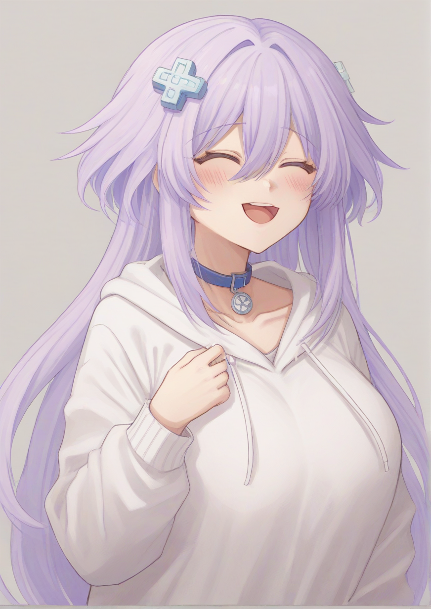 1girl, neptune (neptunia), huge breast, :o, blush, closed eyes, collar, collarbone, d-pad, d-pad hair ornament, hair ornament, hood, hoodie, open mouth, purple hair, smile, solo, upper body, zPDXL3  <lora:Rio_Blver:0.8>