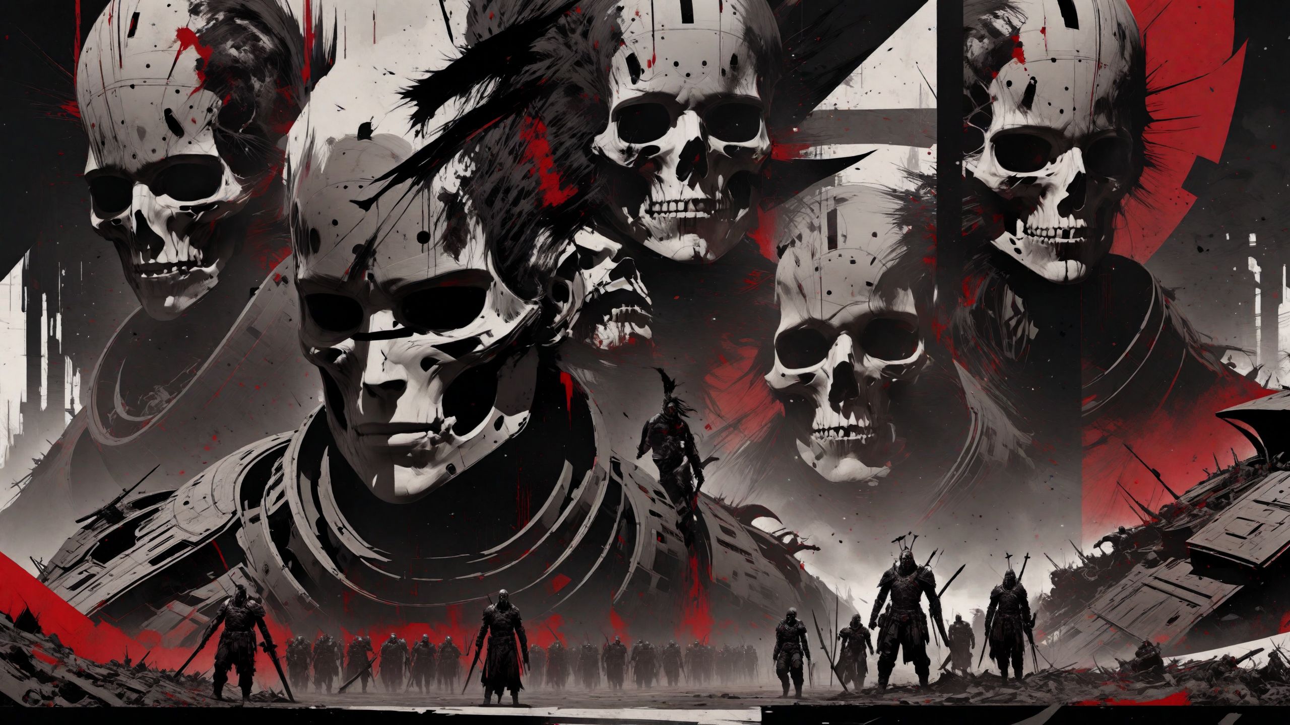 rsmls,a group of warriors set out to defeat an immortal warlord who seeks to conquer the world and enslave mankind,science fiction,masterpiece,messy,surreal,abstract,high contrast,awardwinning,8k,trending on artstation and deviantart <lora:RussMillsXL:1>,wallpaper,style of russ mills