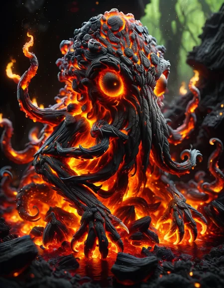 A cute colorful fluffy cthulhu, wildlife photography, in a ral-lava swamp, 4K UHD, 8K UHD, High-definition, capturing highest detailed, 4k, uhd, hdr <lora:ral-embrglt:1> ral-embrglt