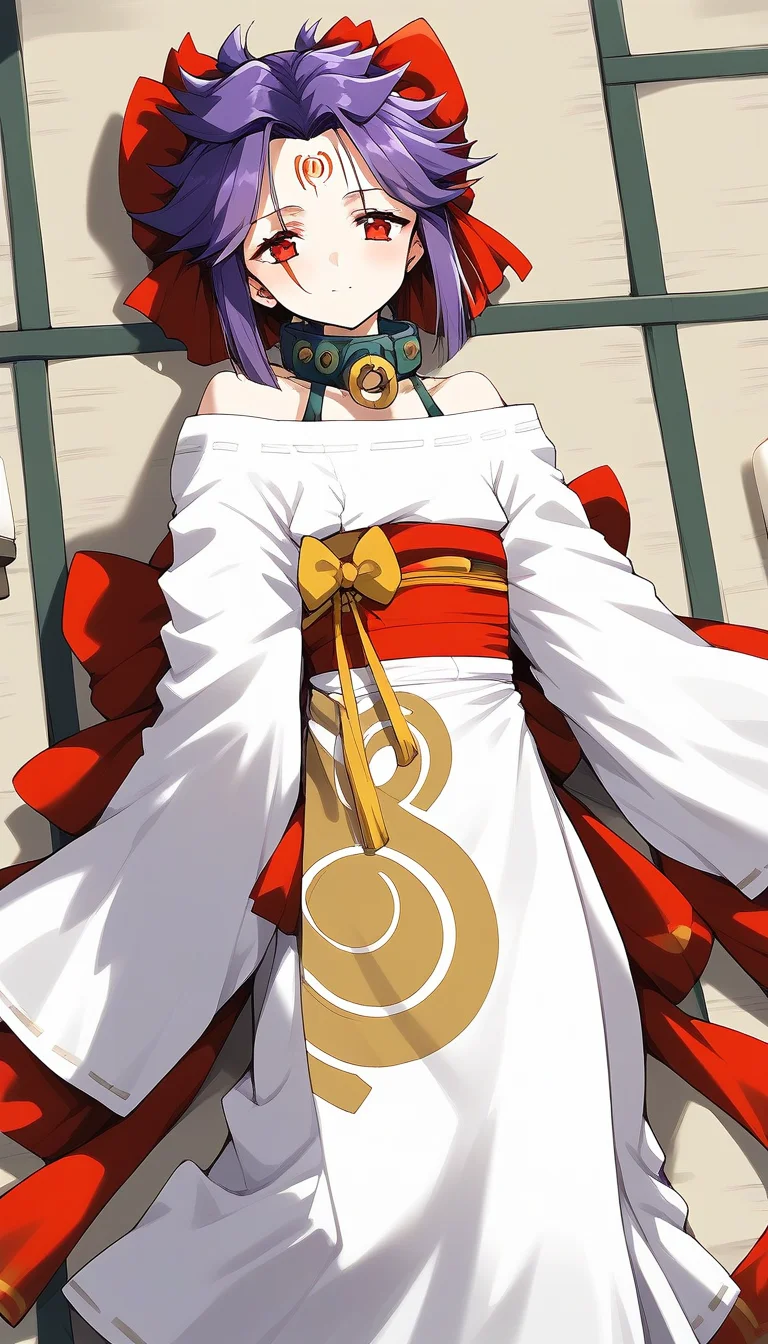 score_9, score_8_up, score_7_up, source_anime, rating_explicit, BREAK <lora:kakurine_Ver2.1_XL:1> kakurine, facial mark, forehead mark, red eyes, purple hair, short hair, sidelocks, hair bow, collar,
bare shoulders, japanese clothes, long sleeves, white kimono, Yellow swirl print,
tatami, room, candle, Japanese,